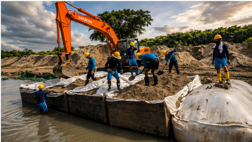 Equipo TALA ejecutando obra de control de inundaciones en el Caribe colombiano
